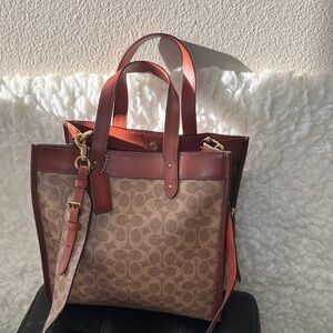 Coach Brown Signature Canvas Tote with Red-Brown Leather Trim